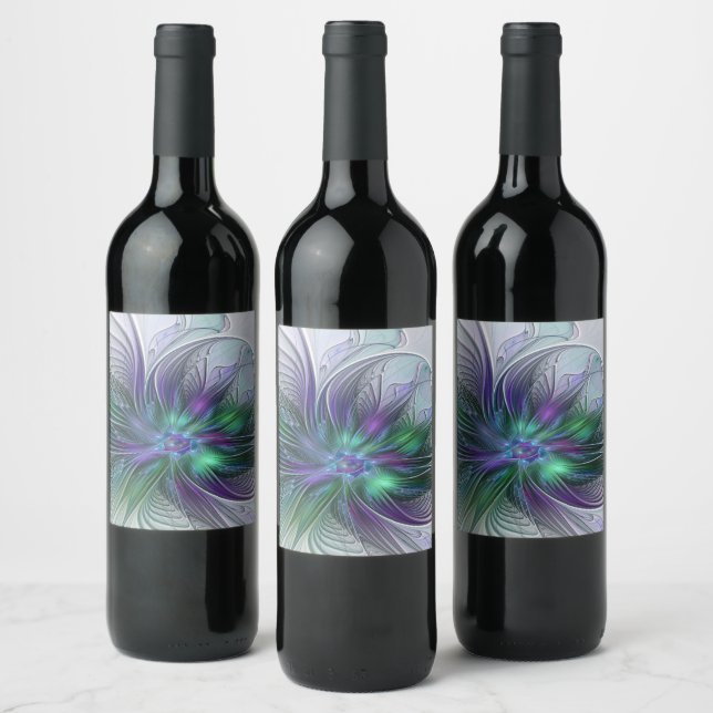 Rótulo De Garrafa De Cerveja Flor Moderna Abstrata Fractal Roxa Verde (Garrafas)