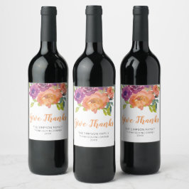 Rótulo De Garrafa De Cerveja Floral Orange and Purple Give Thanks Wine Label 