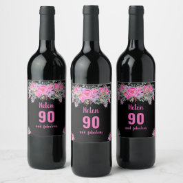 Rótulo De Garrafa De Cerveja floral rosa preto-90 de-aniversário