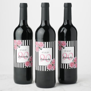 Rótulo De Garrafa De Cerveja Flores cor-de-rosa de 90 aniversário em listras b