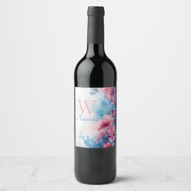 Rótulo De Garrafa De Cerveja Flores de Aquarelas Moles a Rosa e Azul (Frente)