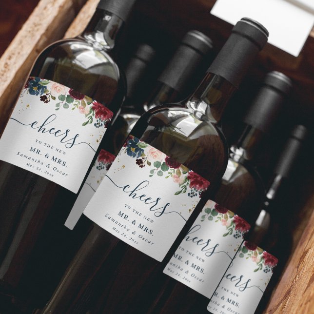 Rótulo De Garrafa De Cerveja Flores de Beleza Burgundy Naval e Vermelho Rústico (Criador carregado)