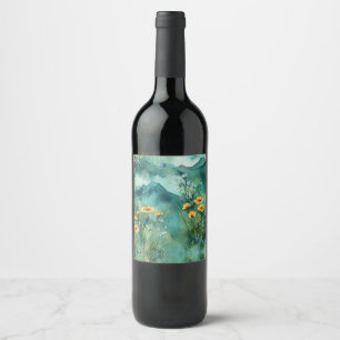 Rótulo De Garrafa De Cerveja Flores silvestres de paisagens de cor aquosa verde