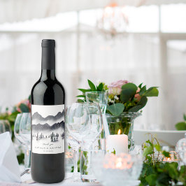 Rótulo De Garrafa De Cerveja Floresta de Árvore Montanha Preto Branco Obrigado