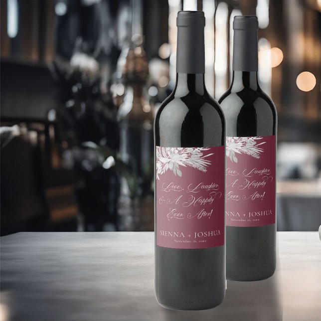 Rótulo De Garrafa De Cerveja Foliage Duet Burgundy Cinza de Casamento Botânico (Wedding Wine Labels in burgundy and grey from the Foliage Duet Collection by Darling & May)