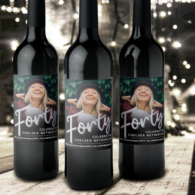 Rótulo De Garrafa De Cerveja Forty 40th Birthday photo script silver black (Criador carregado)