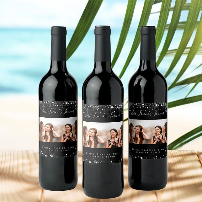 Rótulo De Garrafa De Cerveja Foto de melhores amigos com glitter preto e prata (Criador carregado)