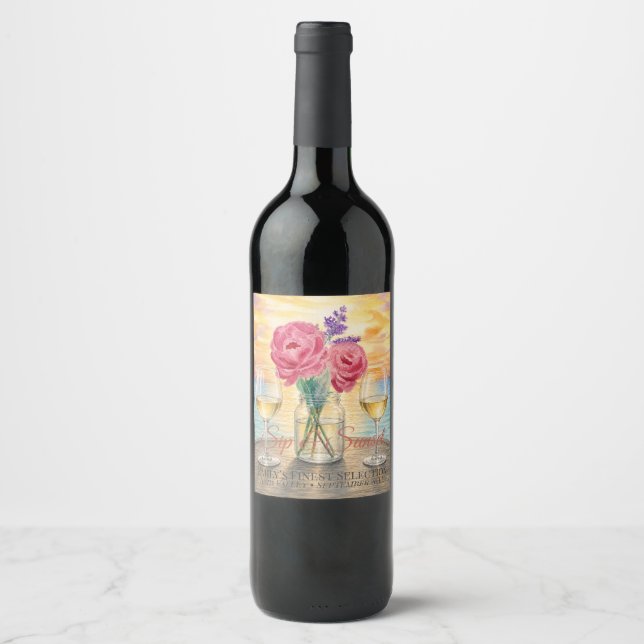 Rótulo De Garrafa De Cerveja Garrafa de Vinho Sip & Sunset Personalizada  (Frente)