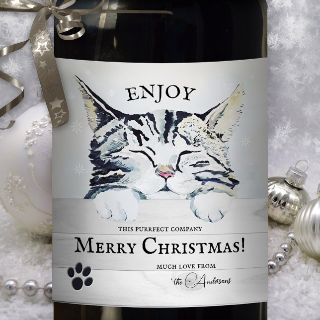 Rótulo De Garrafa De Cerveja Gatinho doce Rótulo de Vinho de Natal de inverno (Christmas wine label featuring a cute kitten in bliss, with tiny snowflakes - for cat lovers)