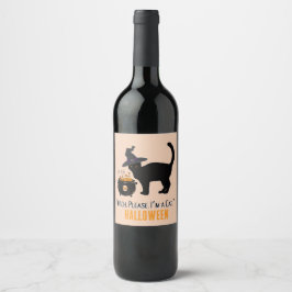 Rótulo De Garrafa De Cerveja gato conectado com um chapéu de bruxa no halloween
