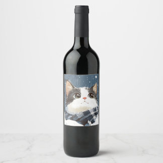 Rótulo De Garrafa De Cerveja Gato fofo aconchegante neve de inverno