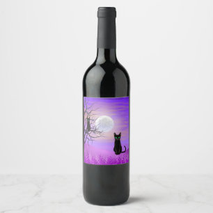Rótulo De Garrafa De Cerveja Gato Negro com Lua cheia e Céu Noturno Roxo