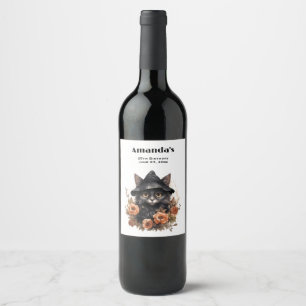 Rótulo De Garrafa De Cerveja Gato preto bonito no chapéu de uma bruxa
