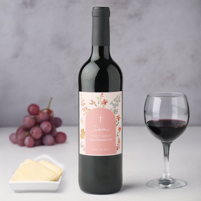 Rótulo De Garrafa De Cerveja Girl First Communion Pink Arch Wildflowers Floral  (Criador carregado)