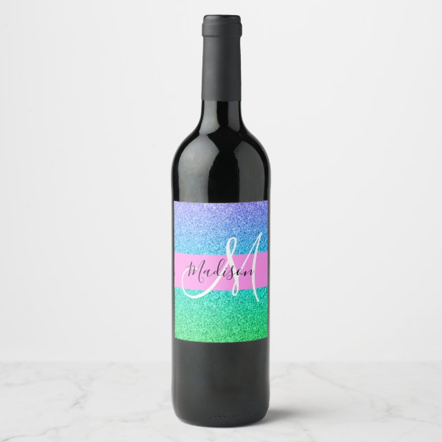 Rótulo De Garrafa De Cerveja Glam Azul Verde Brilho Faísca Gradiente Monograma (Frente)