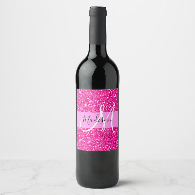 Rótulo De Garrafa De Cerveja Glam Girly Hot Pink Glitter Sparkles Nome Monogram (Frente)