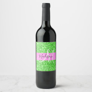 Rótulo De Garrafa De Cerveja Glam Rosa e Verde Brilho Monograma Nome