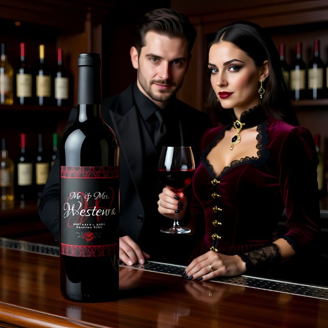 Rótulo De Garrafa De Cerveja Gothic Red Damask Rose Wedding (Criador carregado)