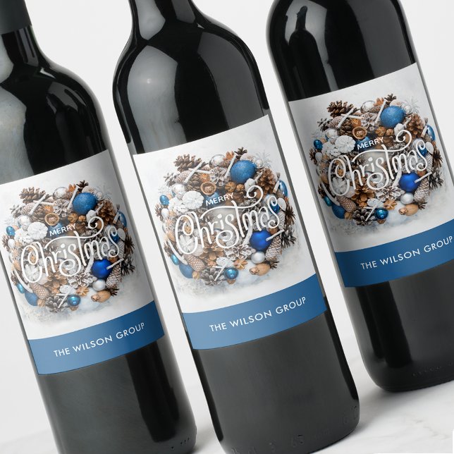 Rótulo De Garrafa De Cerveja Grinalda de pinheiro chique presente de negócios N (Pine Christmas wreath business gift personalized wine bottle labels)