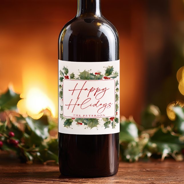 Rótulo De Garrafa De Cerveja Happy Holidays Holly Berries Christmas (Happy Holidays Holly Berries Christmas Wine Label)