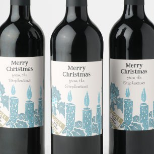 Rótulo De Garrafa De Cerveja Impressão de Natal Vintage em Linóleo Velas Azuis