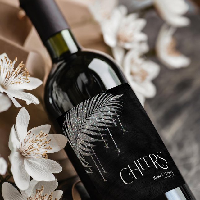 Rótulo De Garrafa De Cerveja Jewel Palm Leaf Wedding Cheers Silver ID830 (Criador carregado)