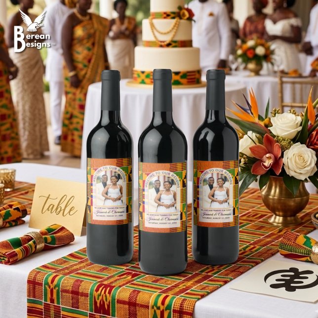 Rótulo De Garrafa De Cerveja Kente Foto Nome Personalizado CASAMENTO (These elegant Kente photo wine labels will elevate your wedding table presentation! )