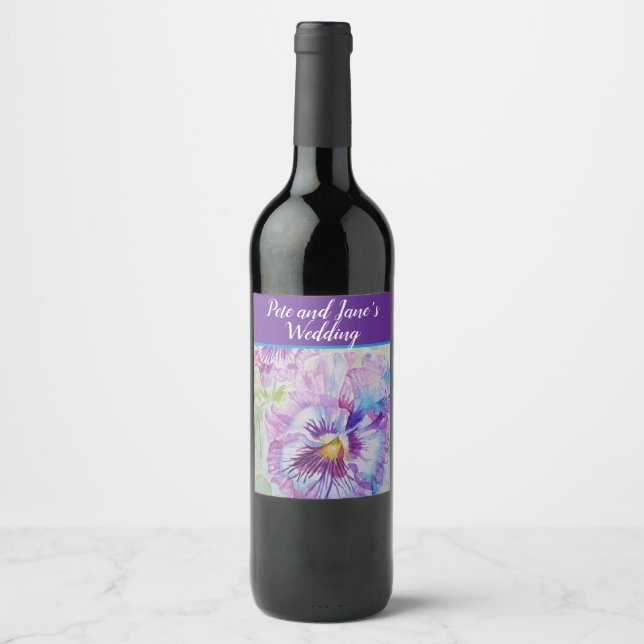 Rótulo De Garrafa De Cerveja Linda Floral Pansy Roxo Pastel Aquarela Vinho (Frente)