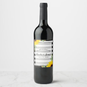 Rótulo De Garrafa De Cerveja Listras Pretas e Brancas Girassóis Floral Chic Vin