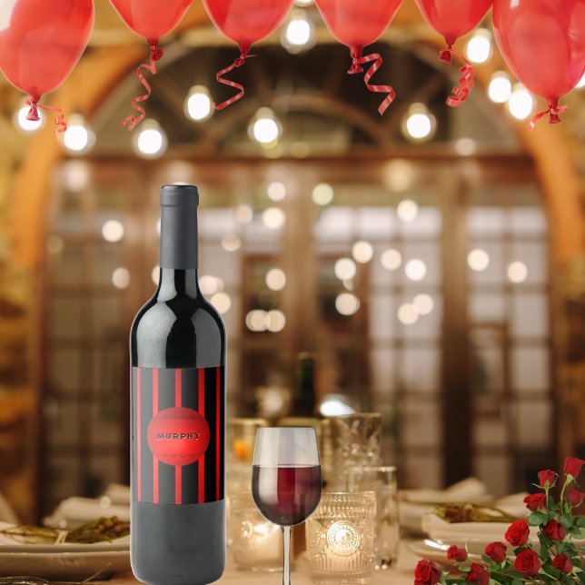 Rótulo De Garrafa De Cerveja Listras Pretas e Vermelhas Elegantes Modernas Nome (Elegant black and red striped set of 6 labels personalized by you)