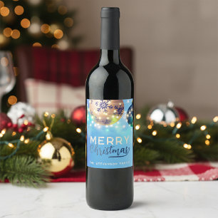 Rótulo De Garrafa De Cerveja Luzes de Natal Elegantes em Cordão Azul Dourado
