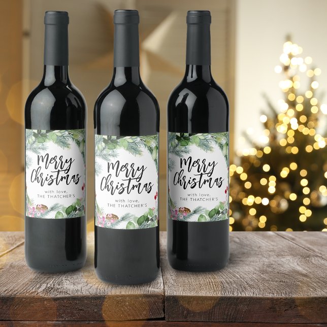 Rótulo De Garrafa De Cerveja Manuscrito Molho de Vinha de Natal (Script Merry Christmas Watercolor Greenery Wine Label)