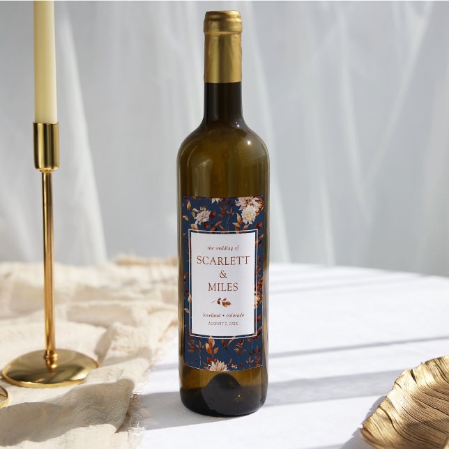 Rótulo De Garrafa De Cerveja Marinho Azul Queda (Navy Blue Fall Floral Wine Label by Painted Paperie
)