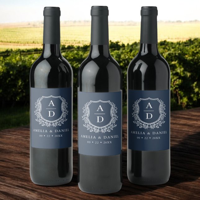 Rótulo De Garrafa De Cerveja Marinho Blue Crest Moderno Monograma Casamento (Criador carregado)