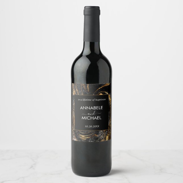 Rótulo De Garrafa De Cerveja Mármore Preto e Dourado (Frente)