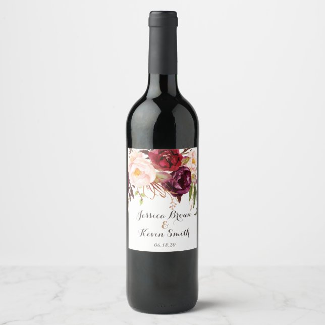 Rótulo De Garrafa De Cerveja Marsala Burgundy Casamento Personalizado Floral-3 (Frente)