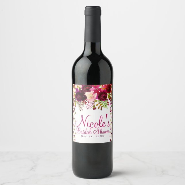 Rótulo De Garrafa De Cerveja Marsala Pink Dourado Floral Burgundy Casamento Neg (Frente)