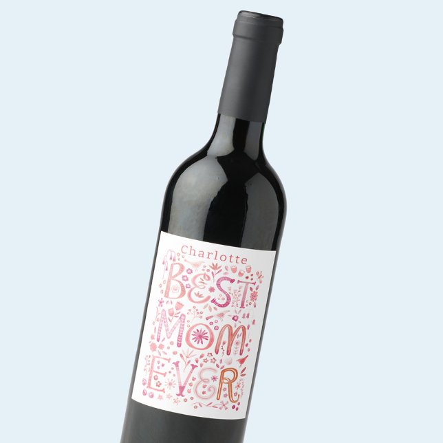 Rótulo De Garrafa De Cerveja Melhor Mãe Nunca Personalizada (Best Mom Ever watercolor hand lettered personalized name Mothers Day or Mom Birthday wine label)