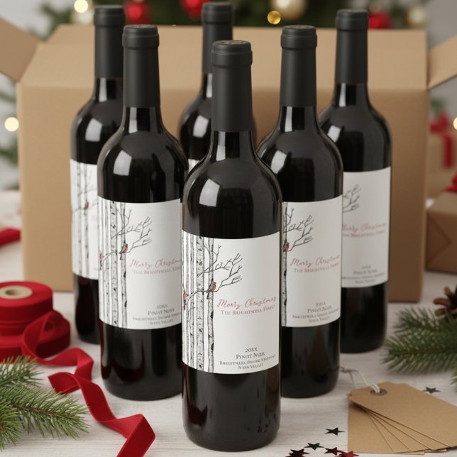 Rótulo De Garrafa De Cerveja Merry Christmas Birch Trees & Cardinal Birds White (Simple White Rustic Cardinal Bird in Birch Tree Forest Festive  Merry Christmas Wine Label Xmas Gift)