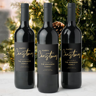 Rótulo De Garrafa De Cerveja Mínima Elegante Dourada Família Feliz Natal Preta
