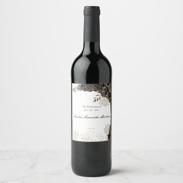 Rótulo De Garrafa De Cerveja Mis XV Años Wine Label Black and Dourado (Frente)