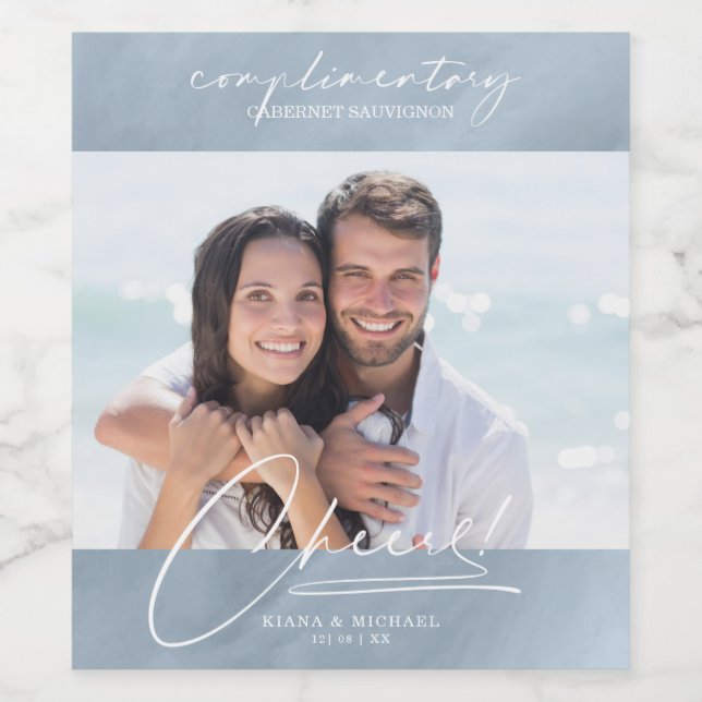 Rótulo De Garrafa De Cerveja Modern Marble Cheers Photo Dusty Blue ID816 (Rótulo Único)