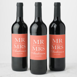Rótulo De Garrafa De Cerveja Moderno Elegante Coral Sr. e Sra. Wedding