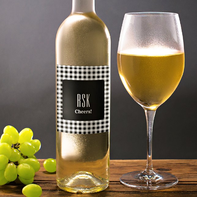 Rótulo De Garrafa De Cerveja Monogram Cheers! Black & White Buffalo Check (6) (Criador carregado)