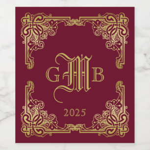 Rótulo De Garrafa De Cerveja Monograma Clássico de Casamento Dourado Borgonha