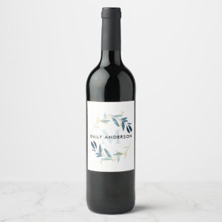 RÓTULO DE GARRAFA DE CERVEJA MONOGRAMA DE AQUA BLUE FOLIAGE WATERCOLOR WREATH