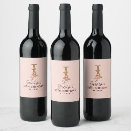 Rótulo De Garrafa De Cerveja Monograma de letra J dourada com rosas cor-de-rosa