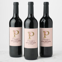 Rótulo De Garrafa De Cerveja Monograma de letra P dourada com rosas cor de rosa