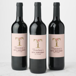 Rótulo De Garrafa De Cerveja Monograma de letra T dourada com rosas cor de rosa