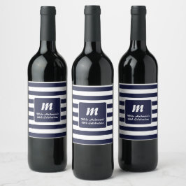Rótulo De Garrafa De Cerveja Monograma de Listra Azul Marinho e Branco